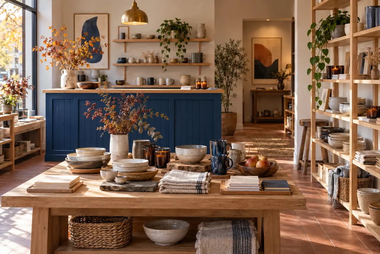 Intérieur original d’une boutique, céramiques, textiles et comptoir bleu