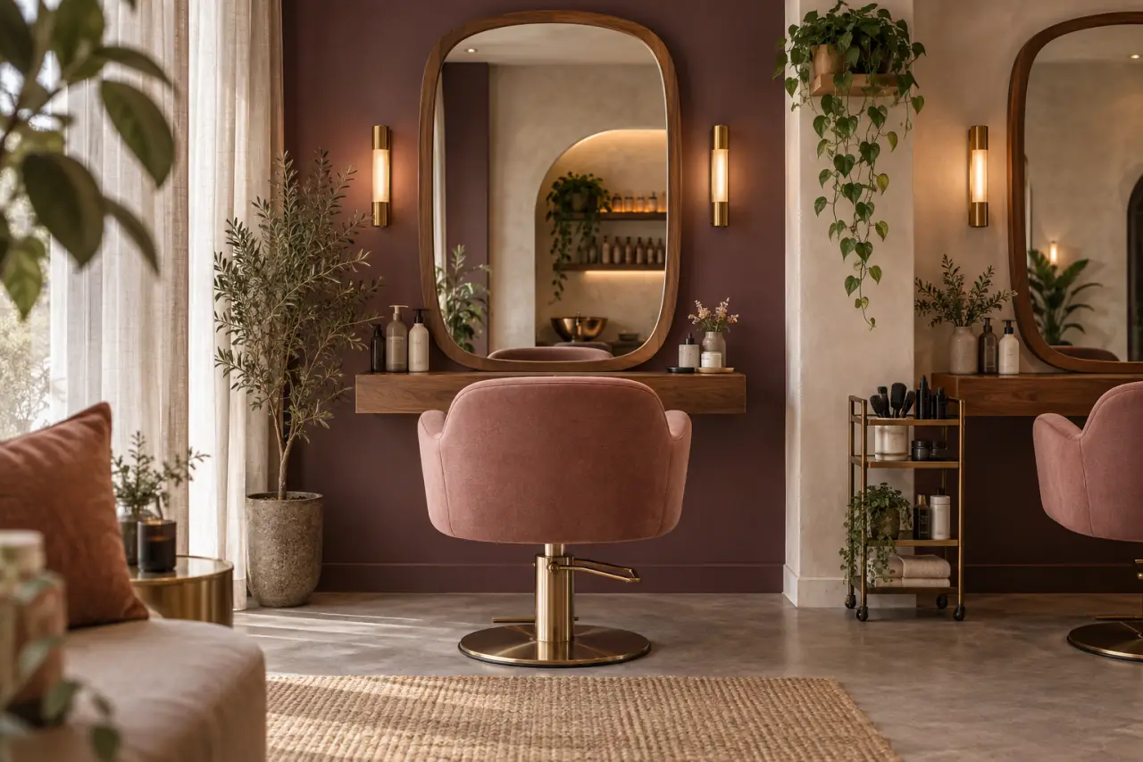 Intérieur original d’un salon, fauteuils roses et miroirs arrondis